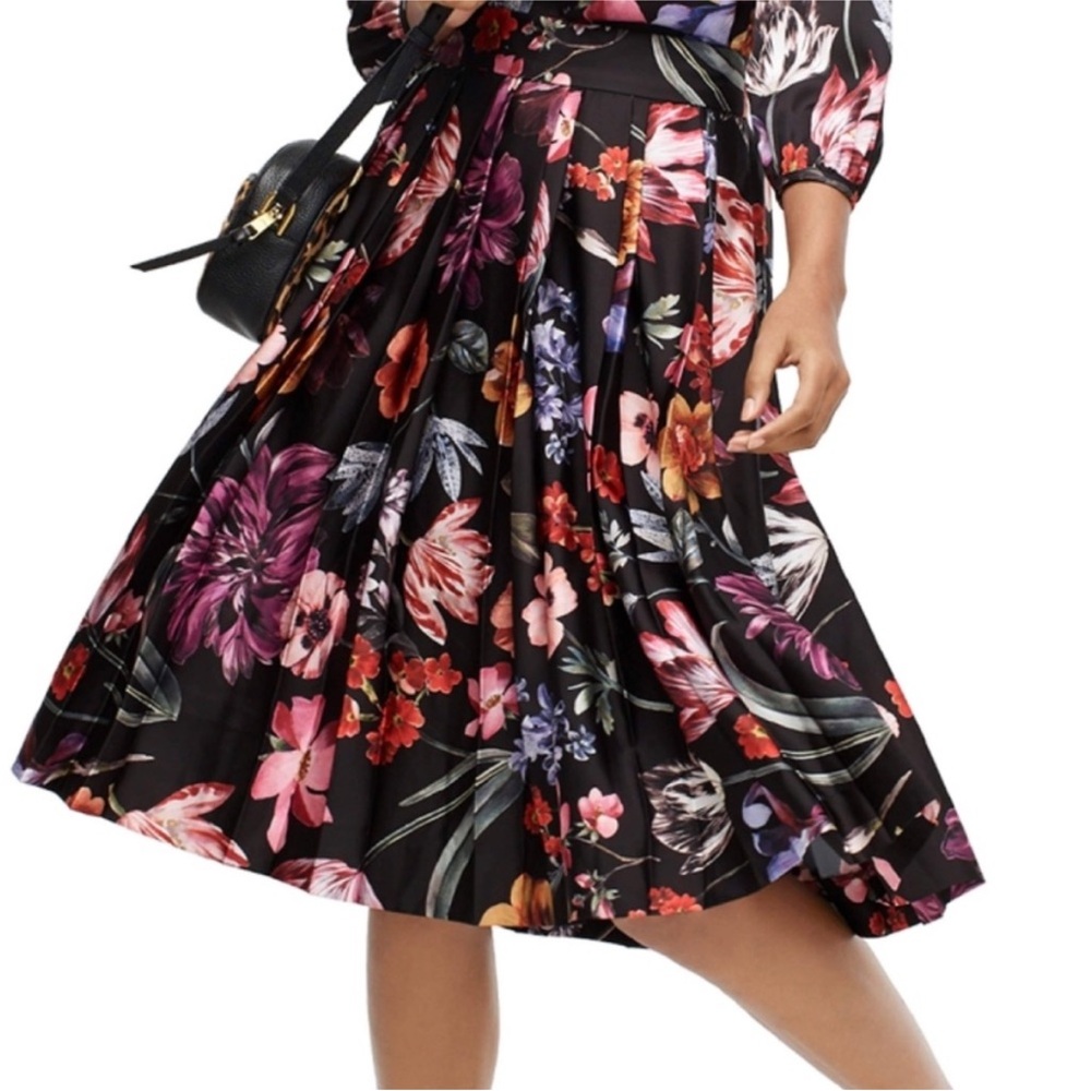 NWOT J.Crew Pleated A-Line Midi in Black Midnight Dutch Floral Skirt 6 $128